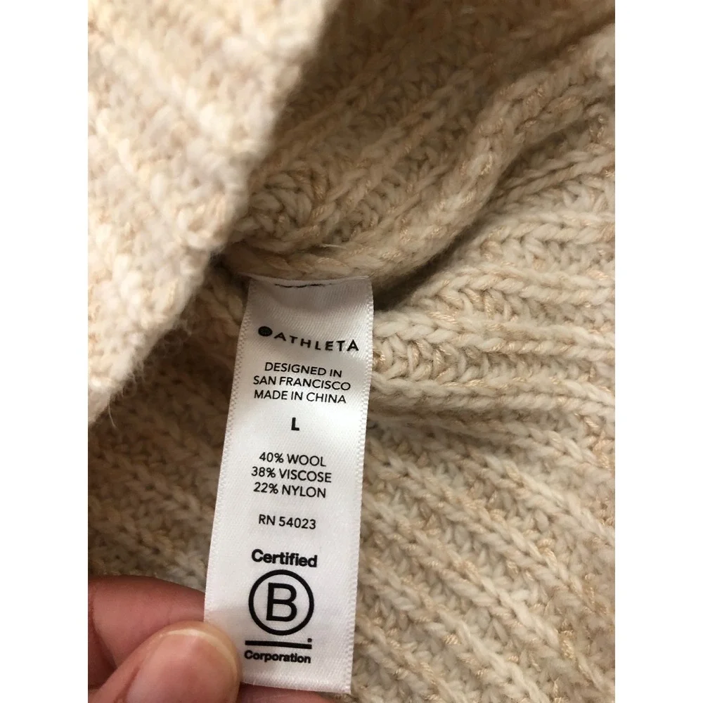 Athleta Sierra Crew Neck‎ Sweater Wool Blend Rib Chunky Knit Beige Tan Sz L